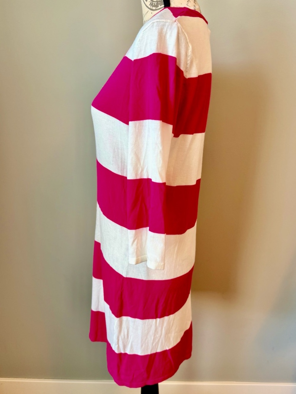 Tommy Bahama Pink White Stripe Dress Medium Deep Scoop 3/4 Sleeve Resort Coastal - Picture 4 of 5